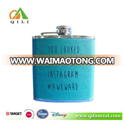 6oz light blue promotional printed hip flask with logo printed