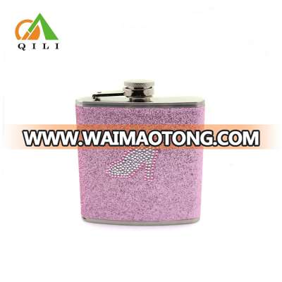 stainless steel glitter leather wrap metal hip flask