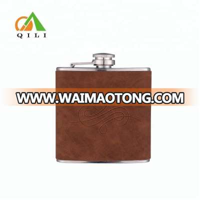 5oz leather covered stainless steel hip flask with embossed PU leather wrap