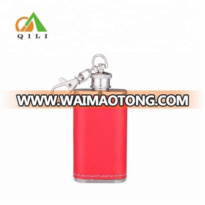 2oz mini 304 stainless steel red leather whisky hip flask with key chain