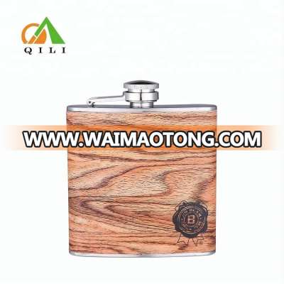 6oz water-transfer wooden leather wrap whisky hip flask can design company logo